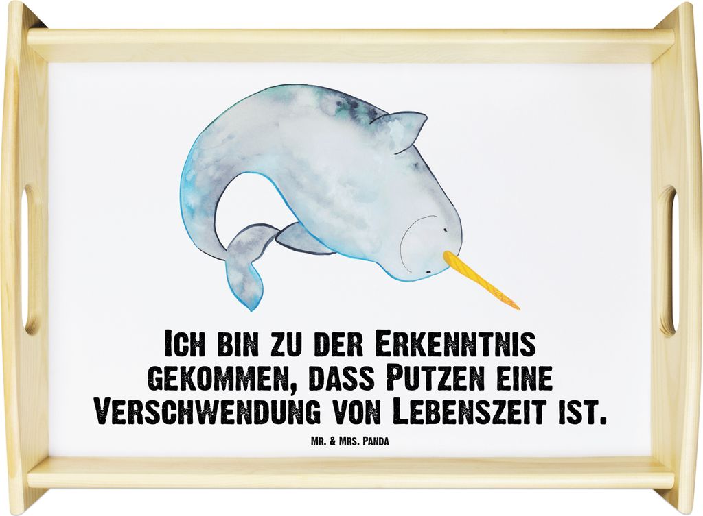 Mr. & Mrs. Panda sofatablett Narwal - Weiß - Geschenk, Kinderzimmer, Hausfrau, Servier Tablett, Holztablett, Meer, Putzen, betttablett, Aufräumen...