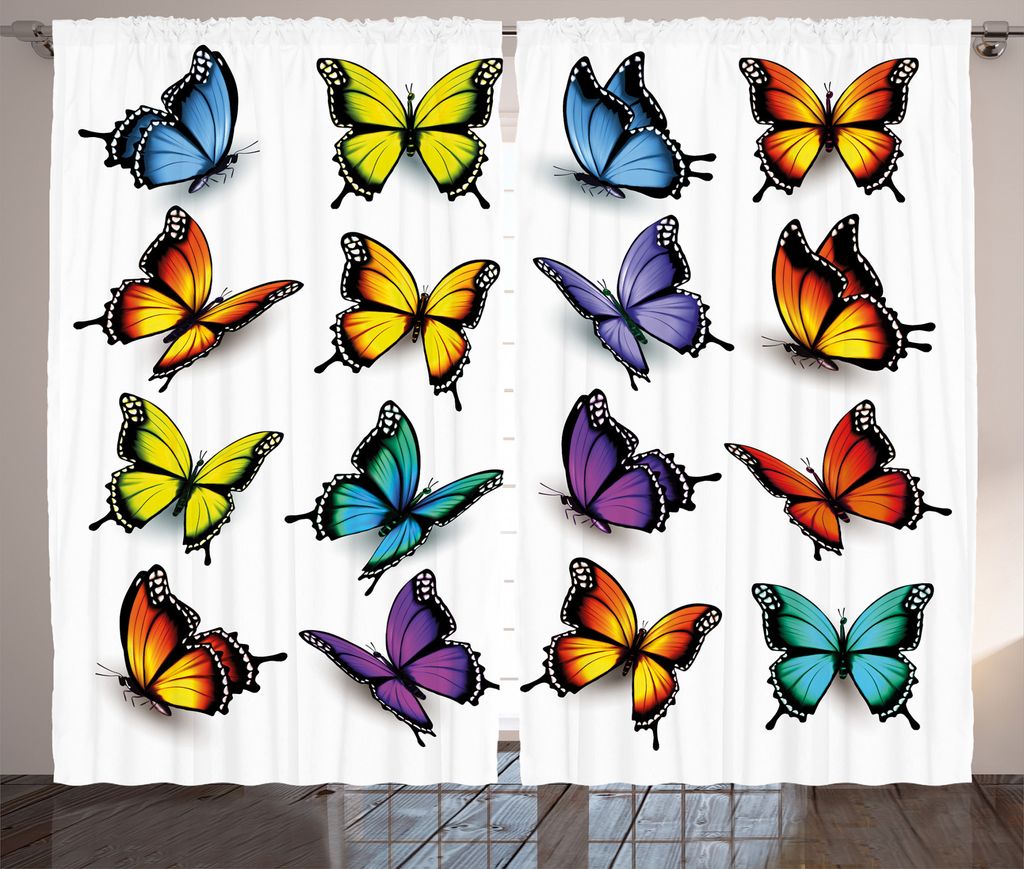 ABAKUHAUS Schmetterling Rustikaler Vorhang, Bunte Flügel Frühling, Wohnzimmer Universalband Gardinen mit Schlaufen und Haken, 280 x 175 cm, Mehrf...
