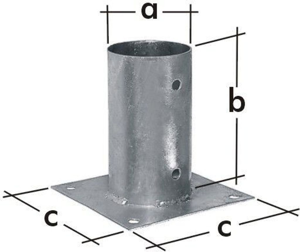 A metal post holder with dimensions labeled.