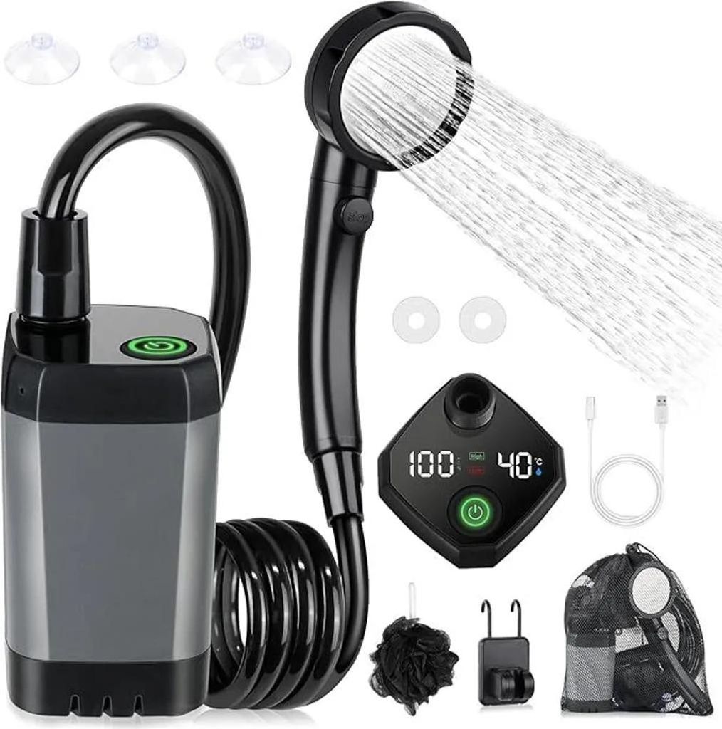 Traumheim Campingdusche – Tragbar, 6000mAh Akku, 2m Schlauch, Pumpe & Temperaturanzeige, USB-C, 120-150 Min. Laufzeit, 4 Modi für Camping, Garte...