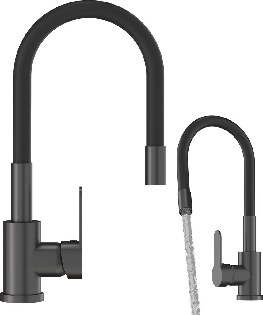 Two black kitchen faucets are shown against a white background. One faucet is larger and positioned on the left, while a smaller one is on the right, with water flowing from its spout.