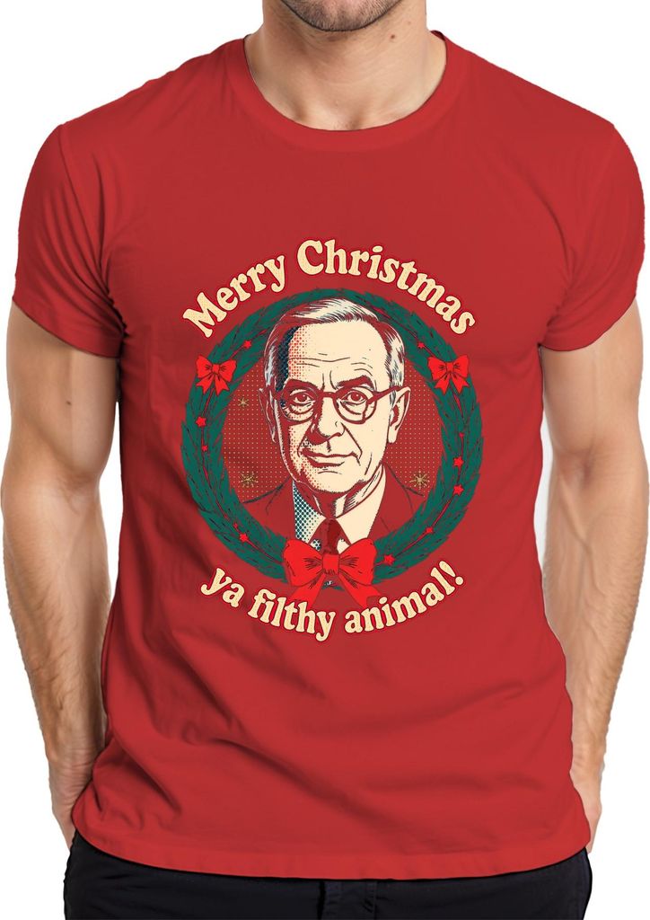Merry Christmas ya filthy animal! Weihnachtskranz Retro Filmzitat Herren T-Shirt, Rot, S