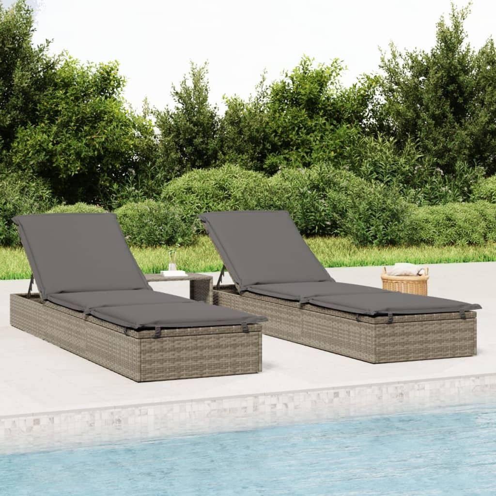 "2026 Promotion" Sonnenliegen 2 Stk. - Hohe Qualität - mit Tisch Grau Poly Rattan - Gartenliegen CC10336