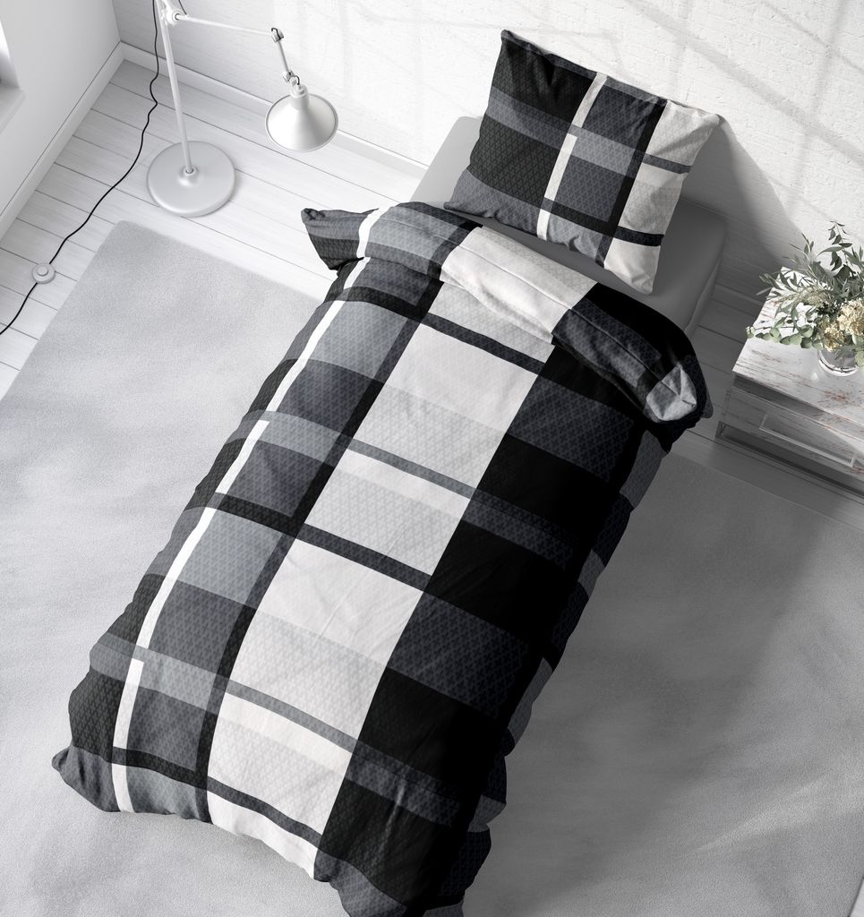 DE CAMA Bettwäsche-Set Schottenkaro Mit Hirsch – Wendbar, King-Size, Aus Baumwolle-Polyester, Grau/schwarz