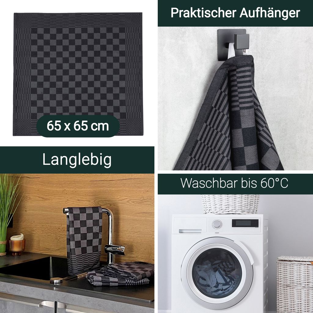 6er Set Geschirrtücher, 65x65 cm, 100% Baumwolle, schwarz Produktbild 3