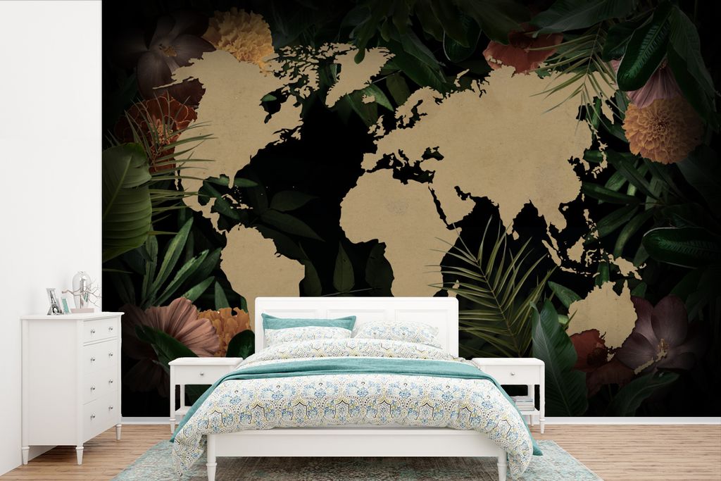 MuchoWow Fototapete für Wohnzimmer oder Schlafzimmer Wandtapete Vinyl Motivtapete Weltkarte - Pflanzen - Blumen - 390x260 cm - Papiertapete