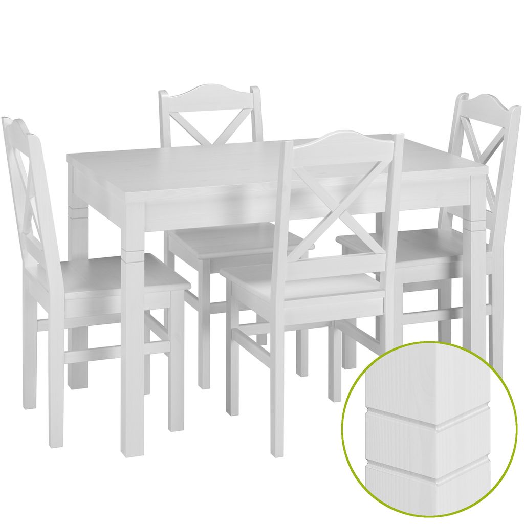 Schöne Essgruppe mit Tisch und 4 Stühle Kiefer Massivholz waschweiß 90.70-51 B W-Set 20