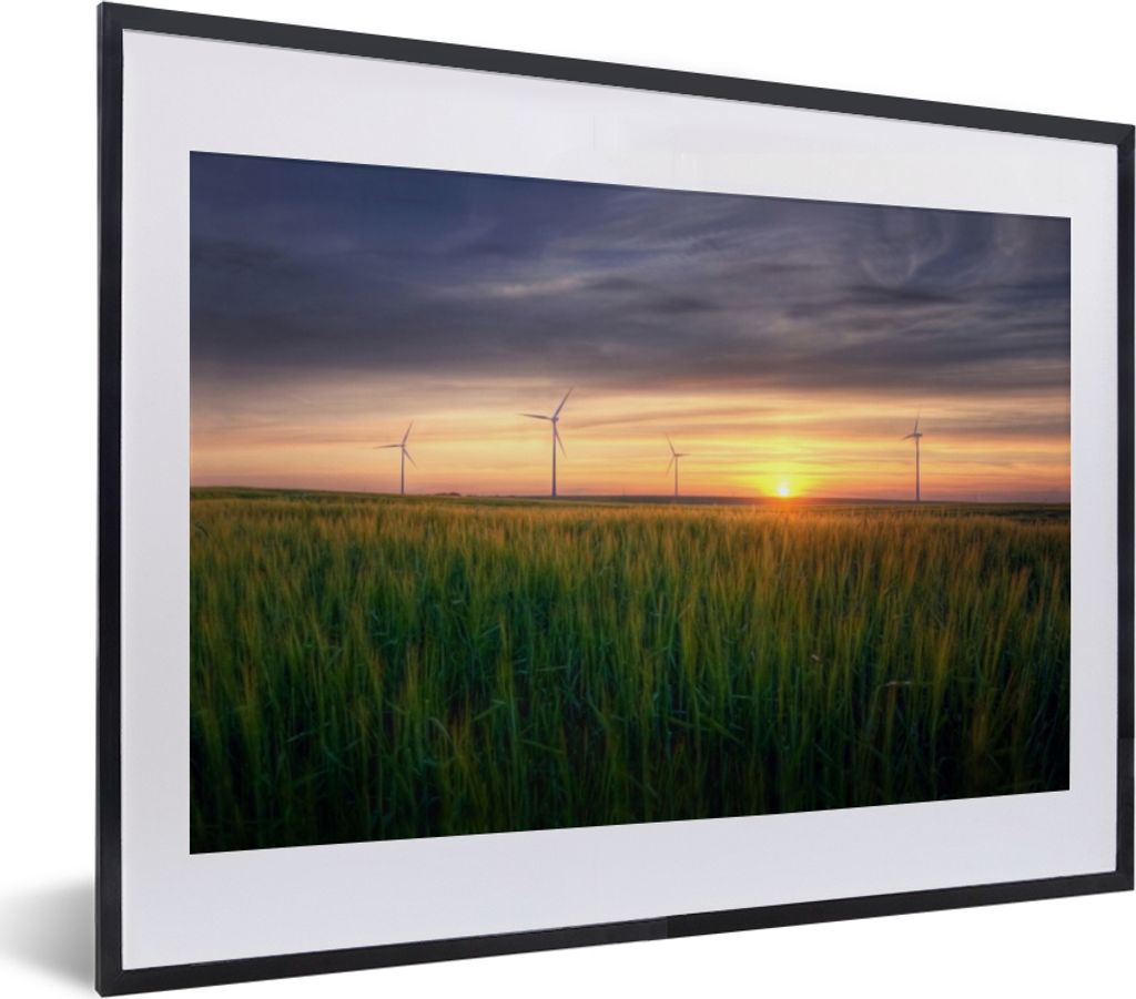 MuchoWow Gerahmtes Poster Windmühle - Sonne - Gras 40x30 cm - Poster mit Schwarzem Bilderrahmen Wandposter Rahmen Foto Bilder - Bilderrahmen - P...
