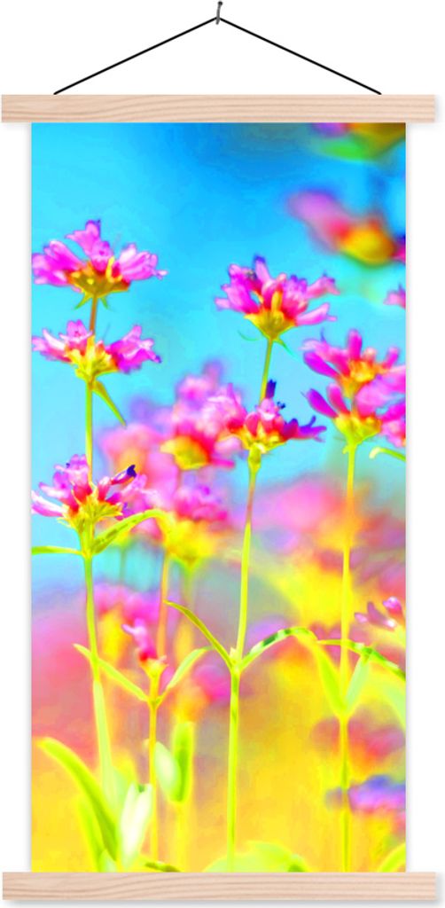 MuchoWow Textilposter Blumen - Kunst - Psychedelisch 40x80 cm mit holzfarbenen Rahmen - Wohnzimmer