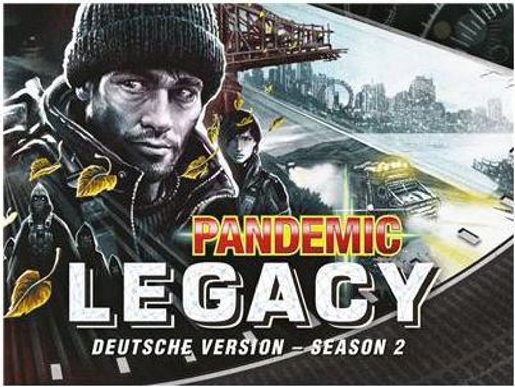 The image is a marketing image for the board game Pandemic: Legacy – Season 2, featuring artwork of characters and a cityscape.