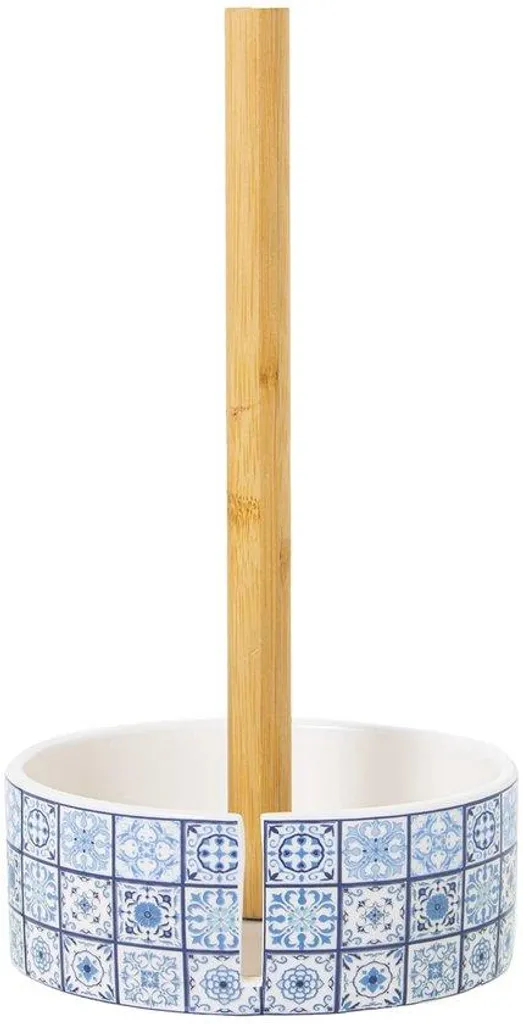 Support papier toilette vertical en bois et céramique bleue 14x32 cm