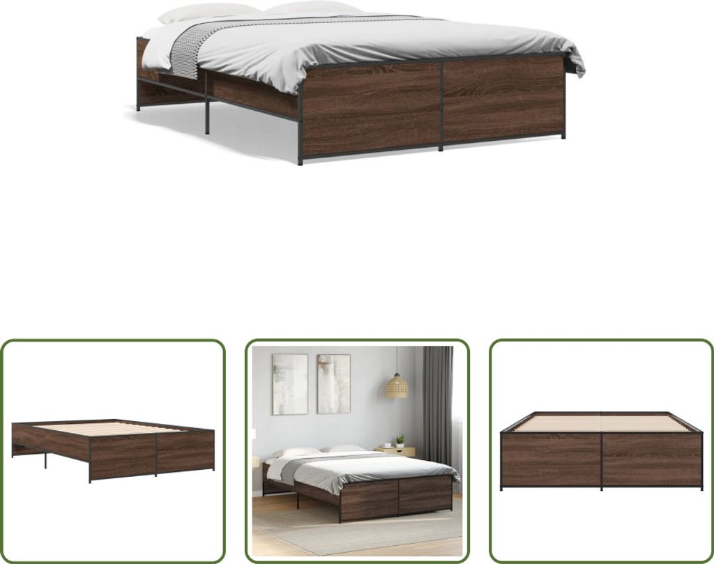 The Living Store Bettgestell Braun Eichen-Optik 120x190 cm Holzwerkstoff Metall