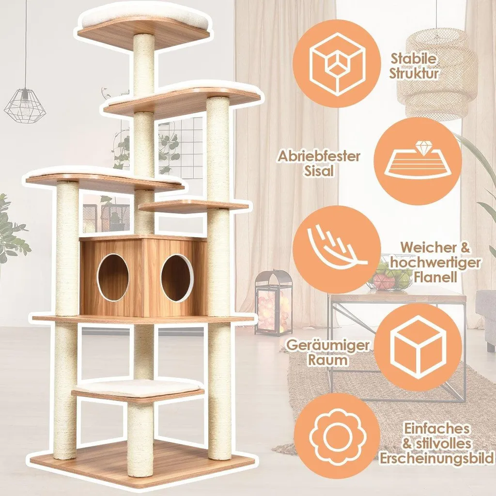 Arbre à chat de 175cm avec 6 niveaux et maison de jeu en bois naturel