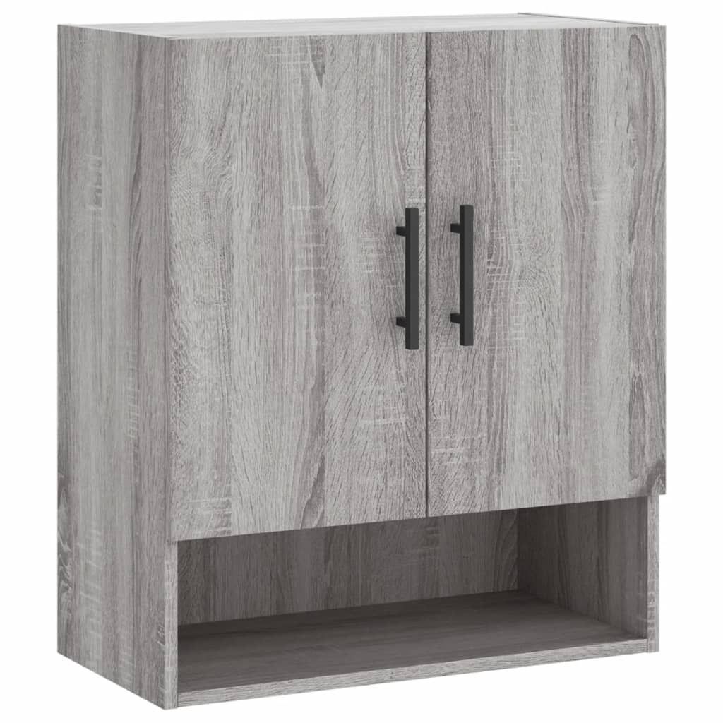 A gray wooden wall cabinet with two doors and an open shelf below, presented against a white background.