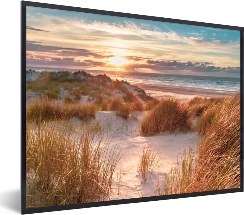 MuchoWow Gerahmtes Poster Düne - Pflanzen - Sonnenuntergang - Strand - Meer 40x30 cm - Poster mit Schwarzem Bilderrahmen Wandposter Rahmen Foto ...