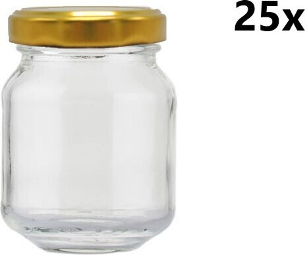 A clear glass jar with a gold lid is shown against a white background. The number "25x" is displayed in the upper right corner.