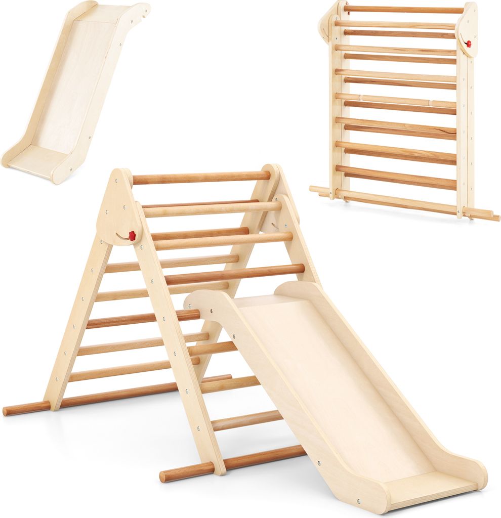 COSTWAY Kletterdreieck, 3 in 1 Klettergerüst Indoor klappbar, Sprossendreieck Holz zum Rutschen für Kinder ab 1 Jahr Natur