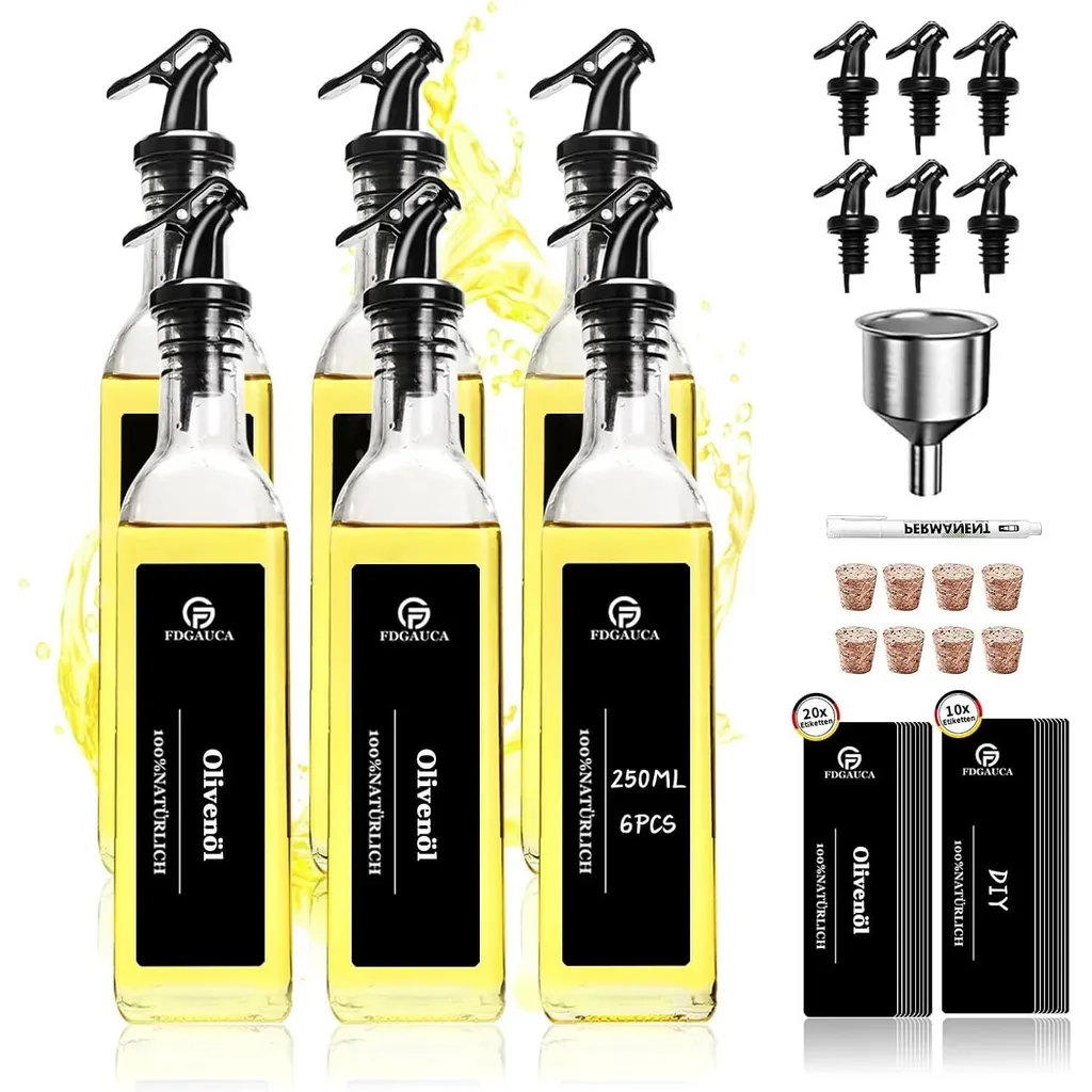 Distributeur Huile et Vinaigre en Verre avec Bouchon Inox et Étiquettes