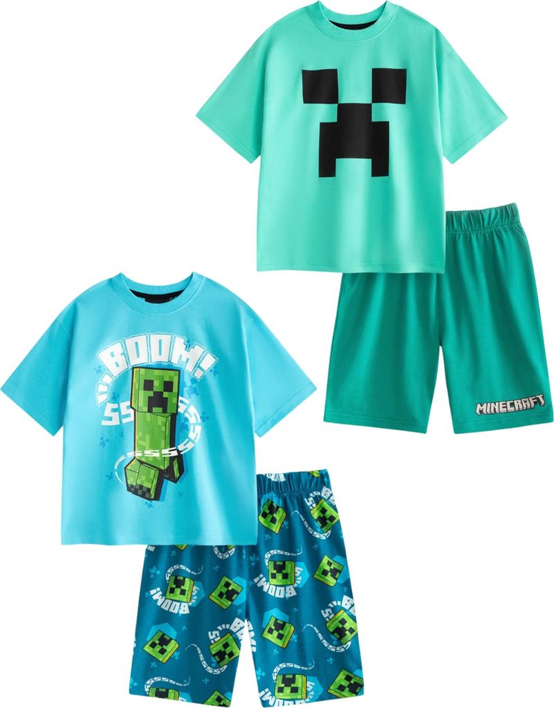 Minecraft - Schlafanzug mit Shorts für Jungen, kurzärmlig (2er-Pack) NS9303 (146-152) (Hellblau/Grün)