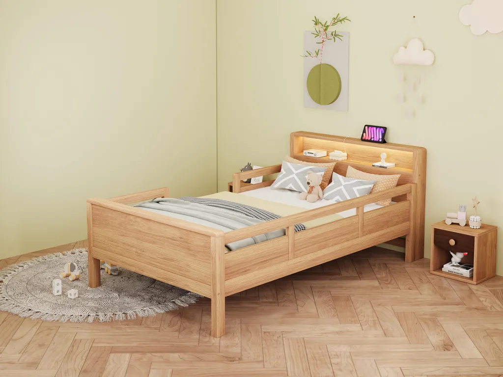 Lit Simple 90x200 cm Multifonctions en Pin Naturel avec LED et USB - 16