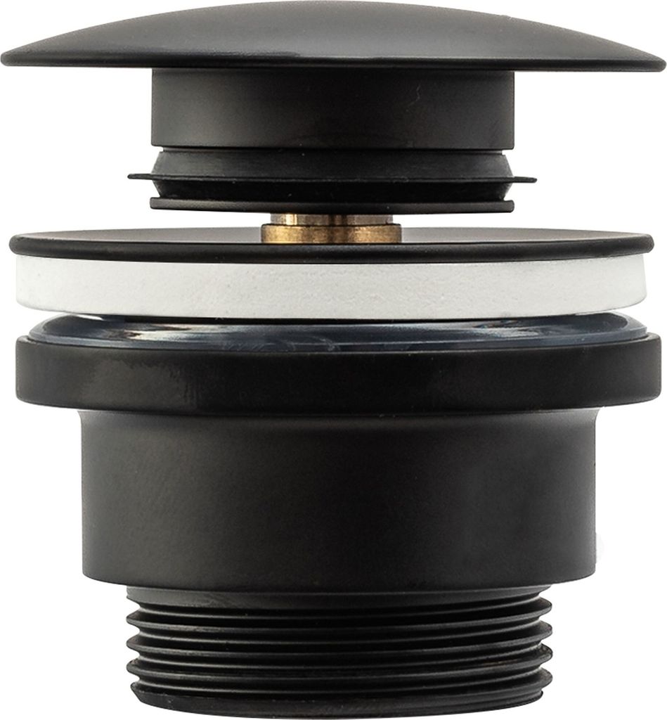 A close-up studio shot of a black sink drain stopper.