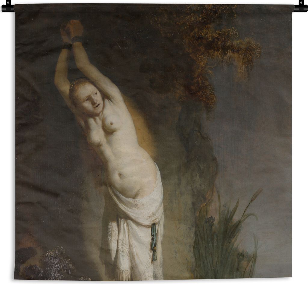 MuchoWow Wandteppich Wandbehang Andromeda angekettet an den Felsen - Gemälde von Rembrandt van Rijn 90x90 cm Tapisserie Dekoration Wandtuch - Wa...