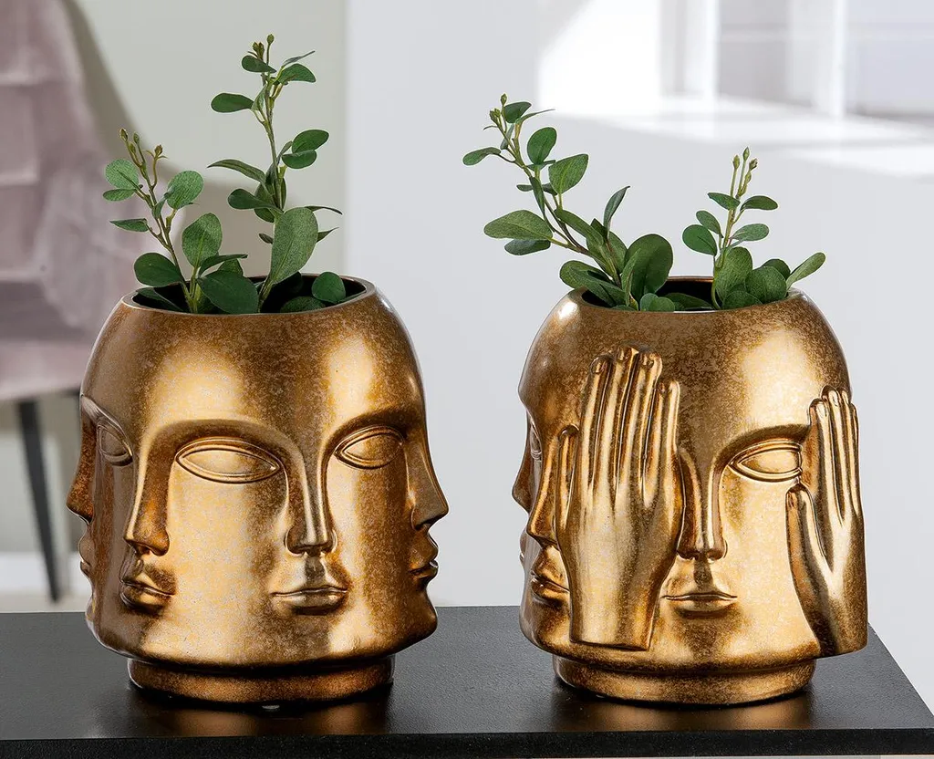 Vase Visage Ponto Gilde en Céramique Dorée H23cm - Réf 28979 Chic
