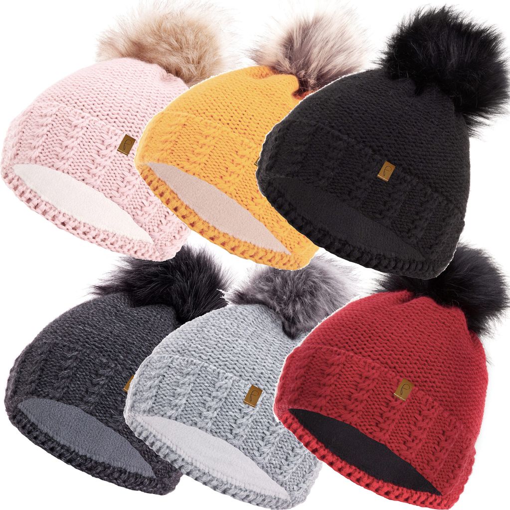 Faera Wintermütze warm gefüttert mit Kunstfell Bommel-Mütze Fleece-Futter Winter Strick-Mütze Beanie-Mütze Damen Herren One-Size, Farbe:Schwarz