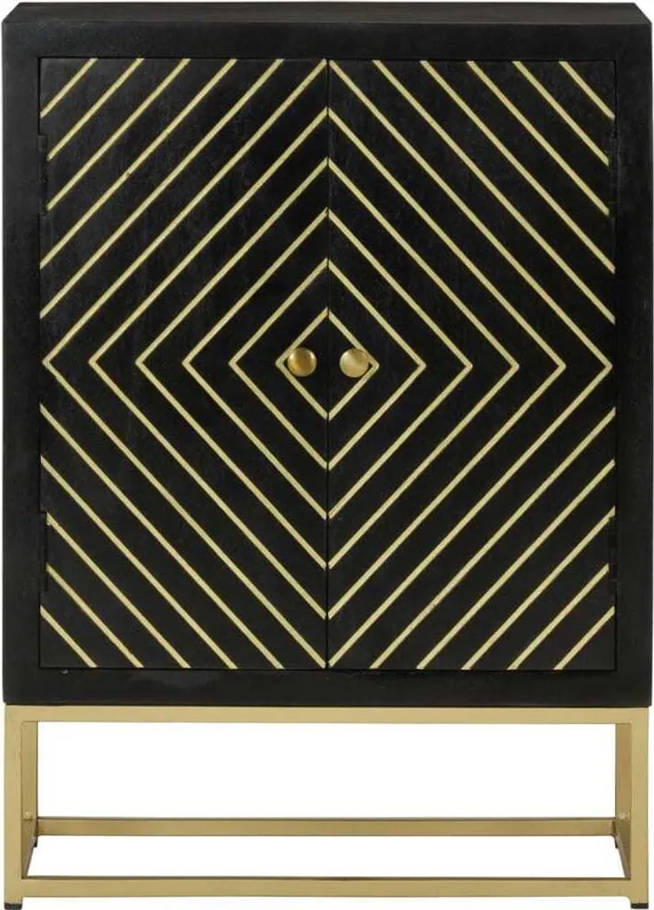 Petit Buffet Design Noir Or 55 cm - Cabinet de Rangement en Bois Massif