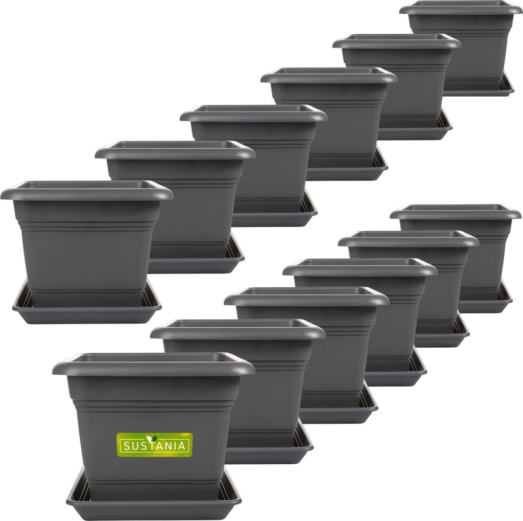 Eckiger Blumentopf anthrazit 28x28 cm mit Untersetzer, robust, 12er Set