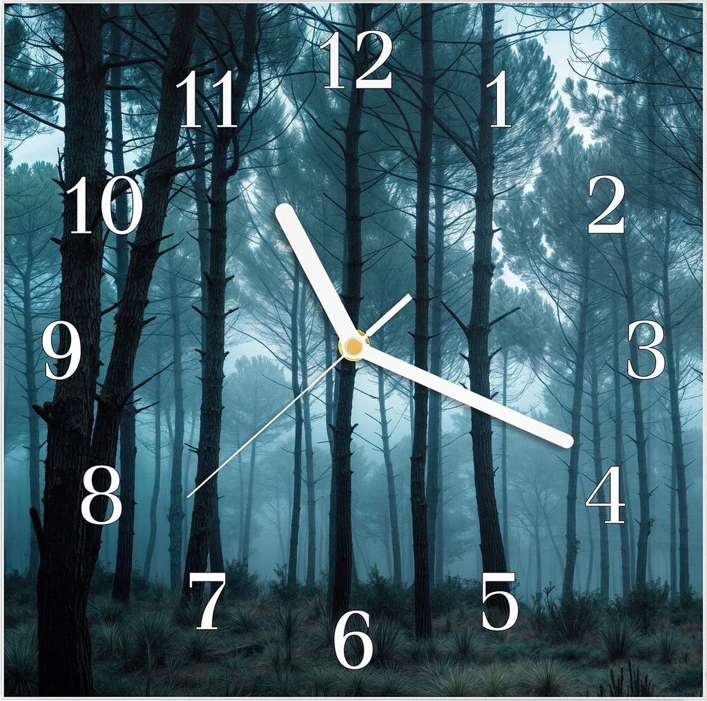 Wanduhr aus Glas mit Motiv Nebeliger Wald- 30 x 30 cm - inkl. Aufhängesystem