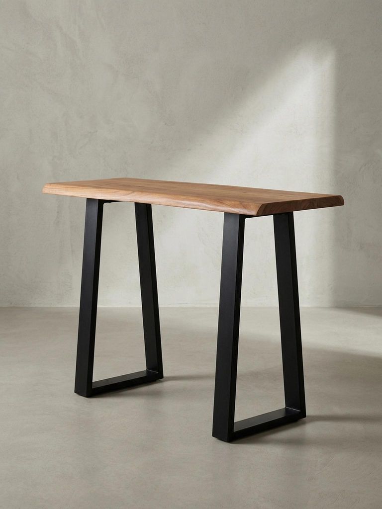 Schreibtisch Massivholz Schmal | Computertisch Akazie Live Edge | Arbeitstisch für Home Office | Industrial Design Holztisch | Goldbraun-Schwarz 1...