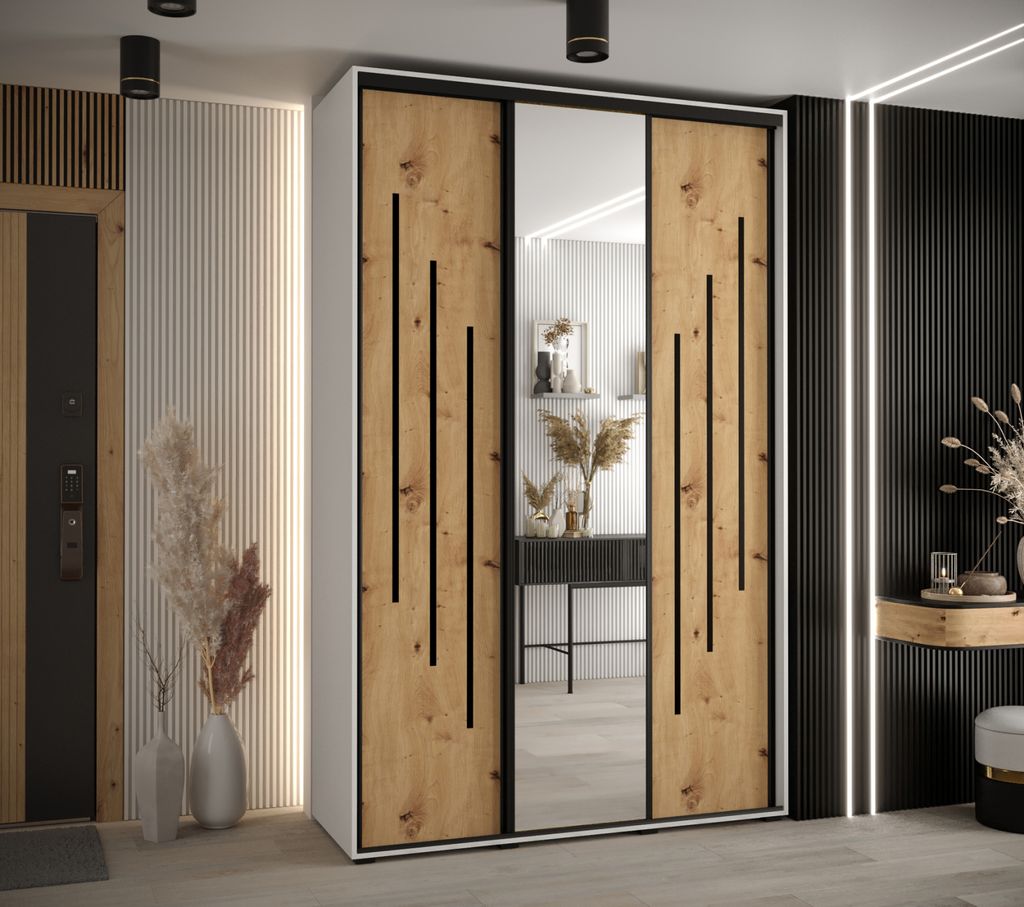 Kleiderschrank ASIRI 9 - 150/45 cm, weiß / Eiche handwerklich / schwarz