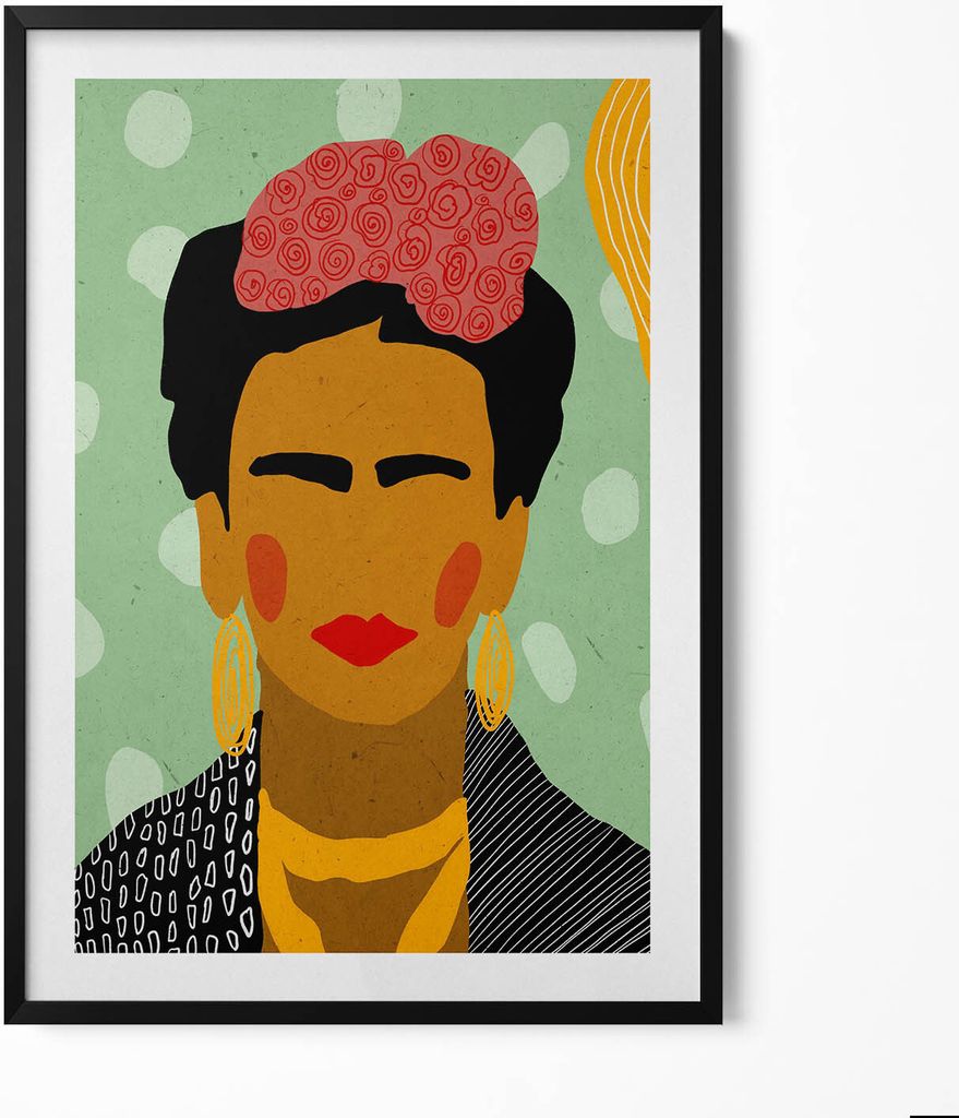 Frida Porträt Illustration– Wandbild mit Rahmen – Gerahmtes Bild – Wanddekoration – 70x100 cm – Schwarz Rahmen