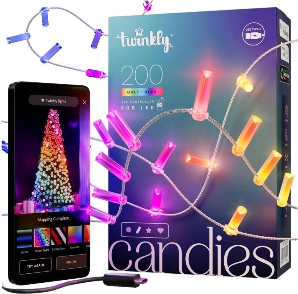 Twinkly Strings USB-C Candle 200 LED, LED Girlande in der Form of Kerze, cable leuchtende LED, mehrfarbig RGB, kompatibel mit Alexa, Google Home, d...
