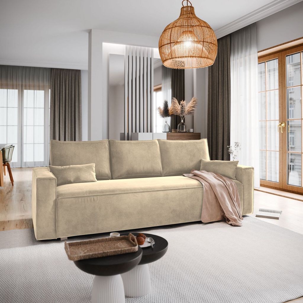 Sofa ALATRI Creme Velours-Stoff mit Schlaffunktion, Sofa mit Bettkasten, Sofa mit Bettkasten, Wohnzimmersofa, Couch, Soffa, Bettsofa, Couchgarnitur...