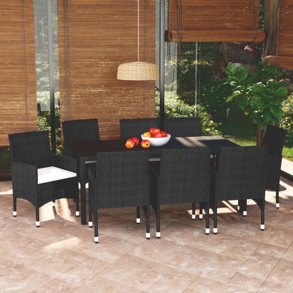 ZMH 9-tlg. Garten-Essgruppe mit Kissen Poly Rattan Schwarz