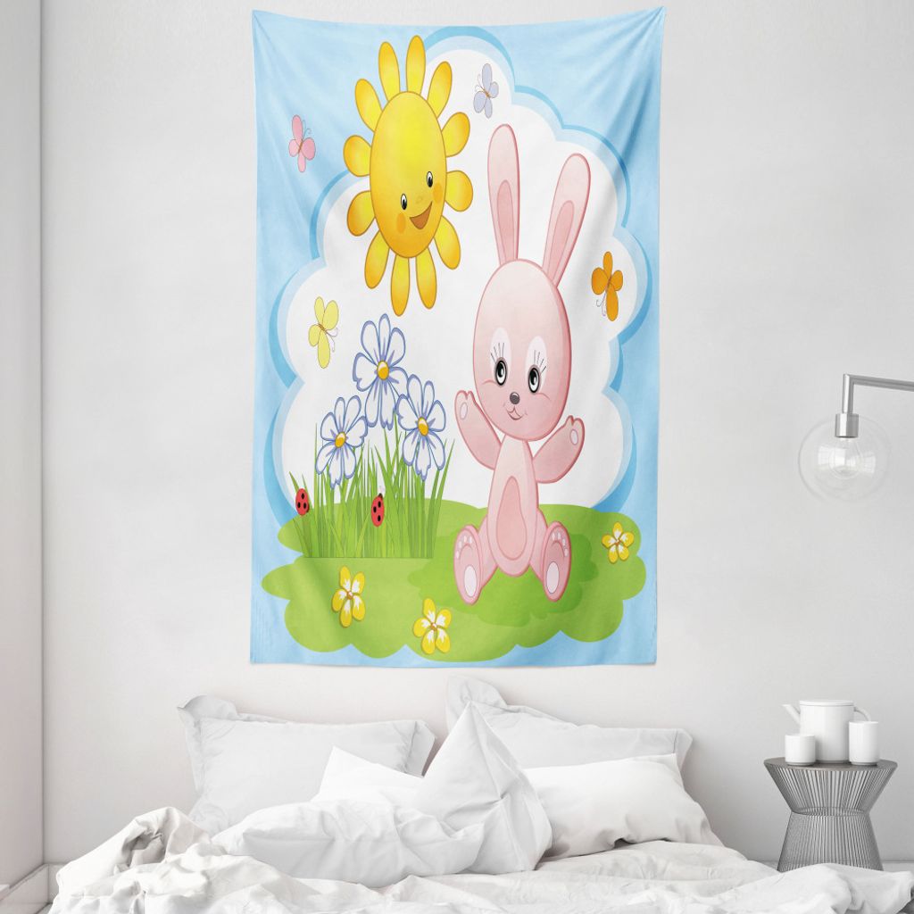 ABAKUHAUS Kids Wandteppich und Tagesdecke, Kaninchen im Garten aus Weiches Mikrofaser Stoff Waschbar ohne Verblassen Digitaldruck, 140 x 230 cm, Me...