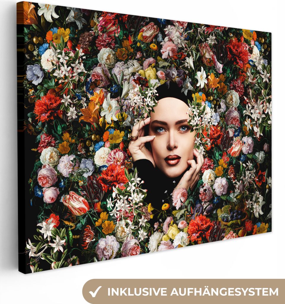MuchoWow - Leinwandbilder - Blume - Frauen - Porträt - Botanisch, Wandbild, Wanddeko Bilder Wohnzimmer, 80x60 cm