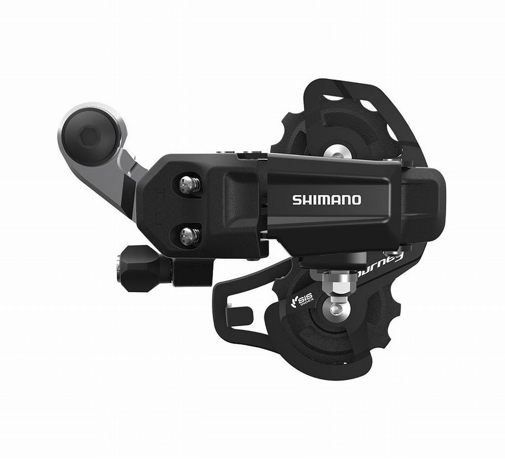 A black bicycle derailleur is shown against a white background.