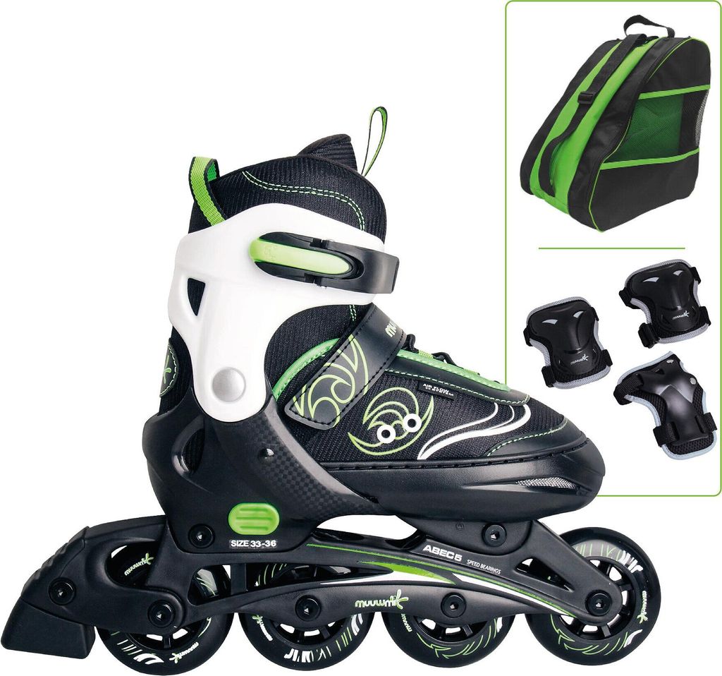 muuwmi Kinderinliner, verstellbar, Gr.37-40, ABEC 5, Rollengröße 72 x 22 mm, , grün, Protektoren-Set, Tasche