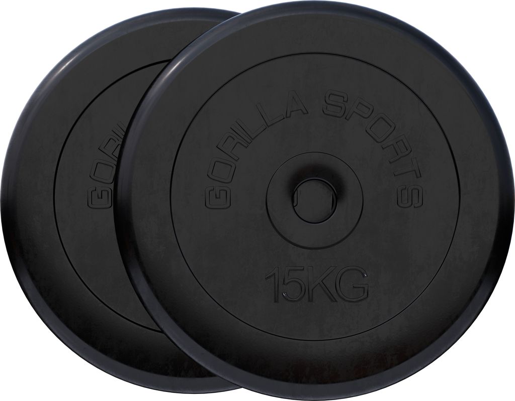 GORILLA SPORTS Hantelscheiben - 30kg - 2 x 15 kg Gewichte, 30/31mm Bohrung, Gusseisen, Gummiert, Schwarz - Gewichtsscheiben, Hantelset