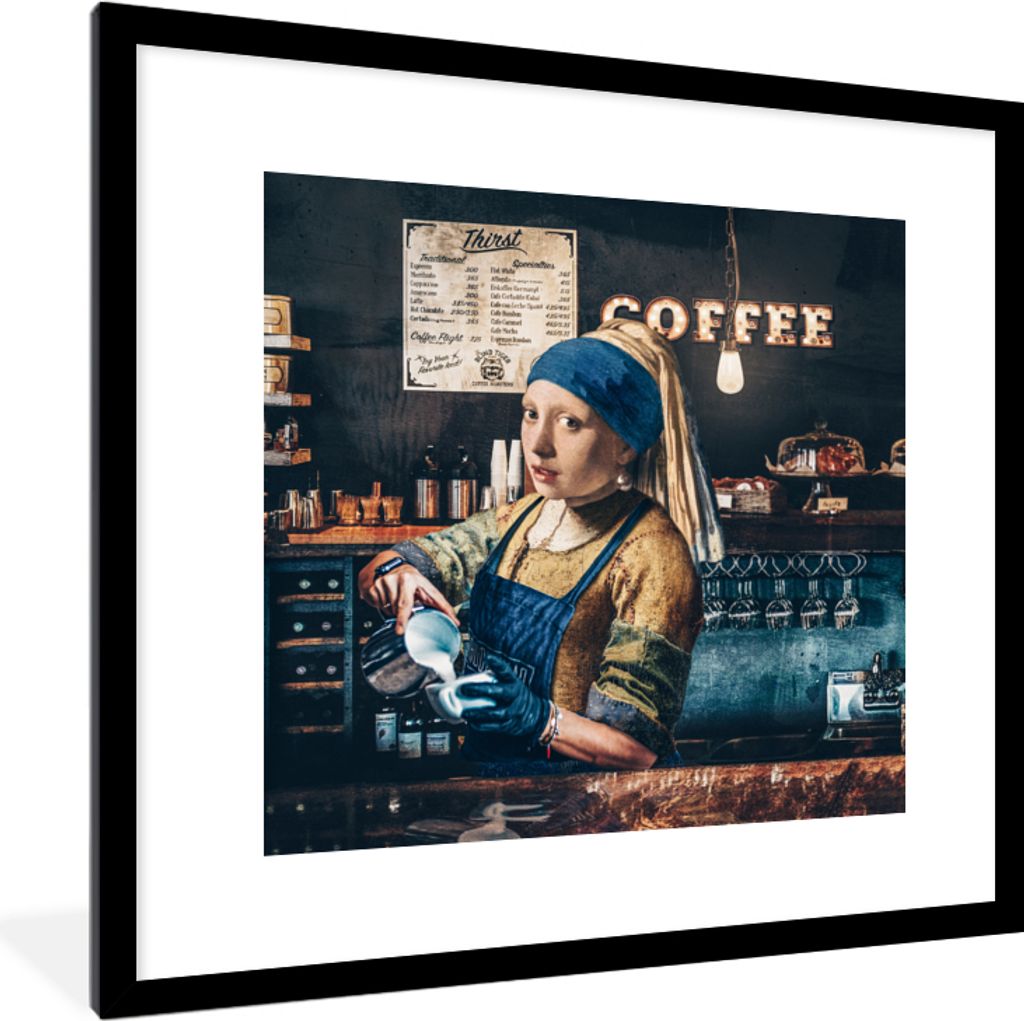 MuchoWow Gerahmtes Poster Kaffee - Mädchen mit Perlenohrring - Barista - Vermeer - Cappuccino - Gemälde 40x40 cm - Poster mit Schwarzem Bilderr...