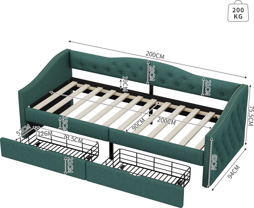 Merax Tagesbett 90x200cm Schlafsofa mit 2 Schubladen und Produktbild 4