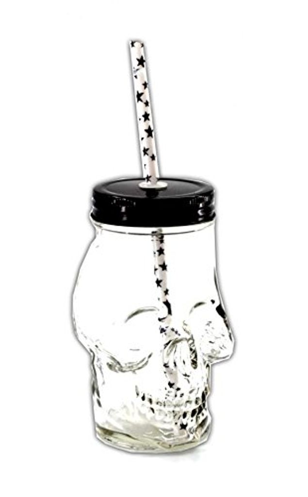 4x Totenkopf Trinkglas mit Deckel und TrinkhalmTrinkbecher SchädelCocktail 