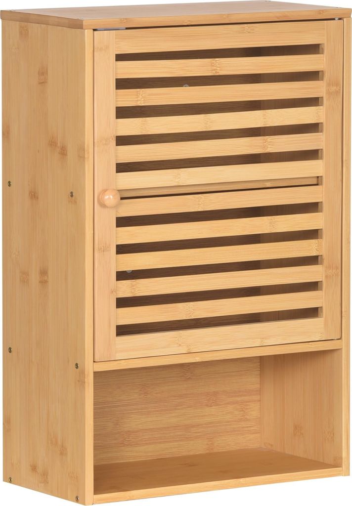 A wooden wall cabinet with a slatted door and an open shelf below.