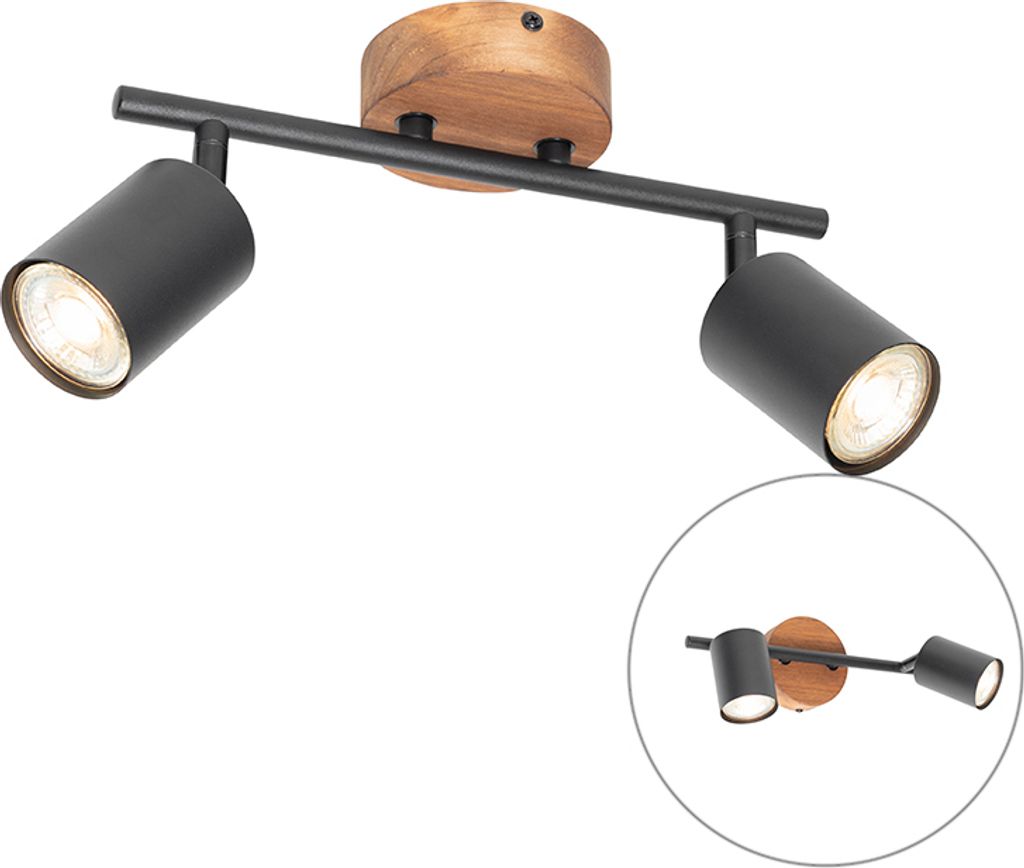 QAZQA - Industrie I Vintage I Industrie-Spot I Spotlight I Deckenspot I Deckenstrahler I Strahler I Lampe I Leuchte schwarz mit Holz schwenkbar 2-f...