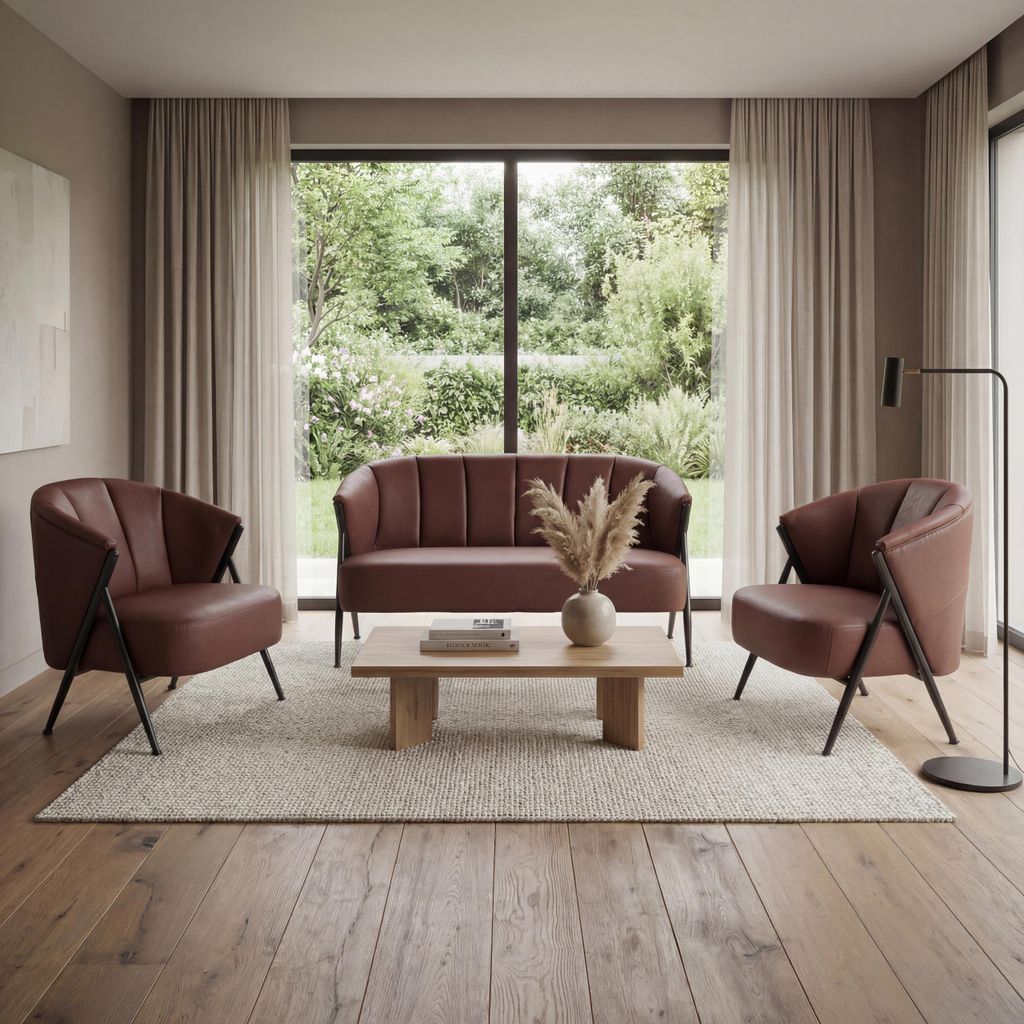 Wohnzimmer-Set HWC-P30, 2er-Sofa 2x Sessel, Vintage Retro Industrial Metall Kunstleder rostrot