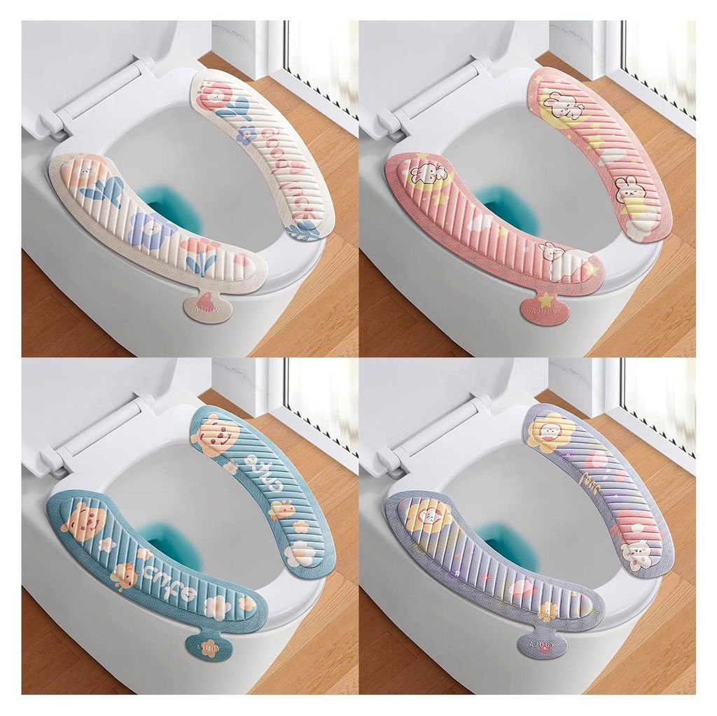 WC-Sitzbezüge 4 Stück, Waschbare und Rutschfeste Toilettensitzbezüge mit Selbstklebendem Klebeband für das Badezimmer