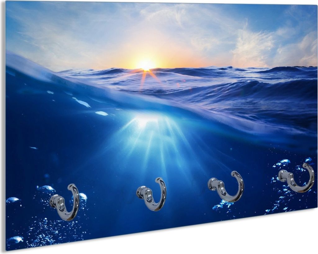 Wallario Schlüsselbrett aus Glas, Motiv: Wellen im Meer bei Sonnenuntergang, 30 x 20 cm mit 4 Haken